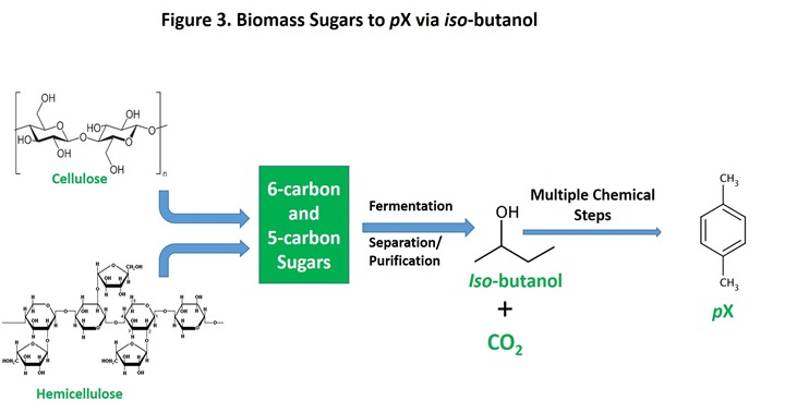 Figure 3 Biomass sugar to pX via iso-butanol